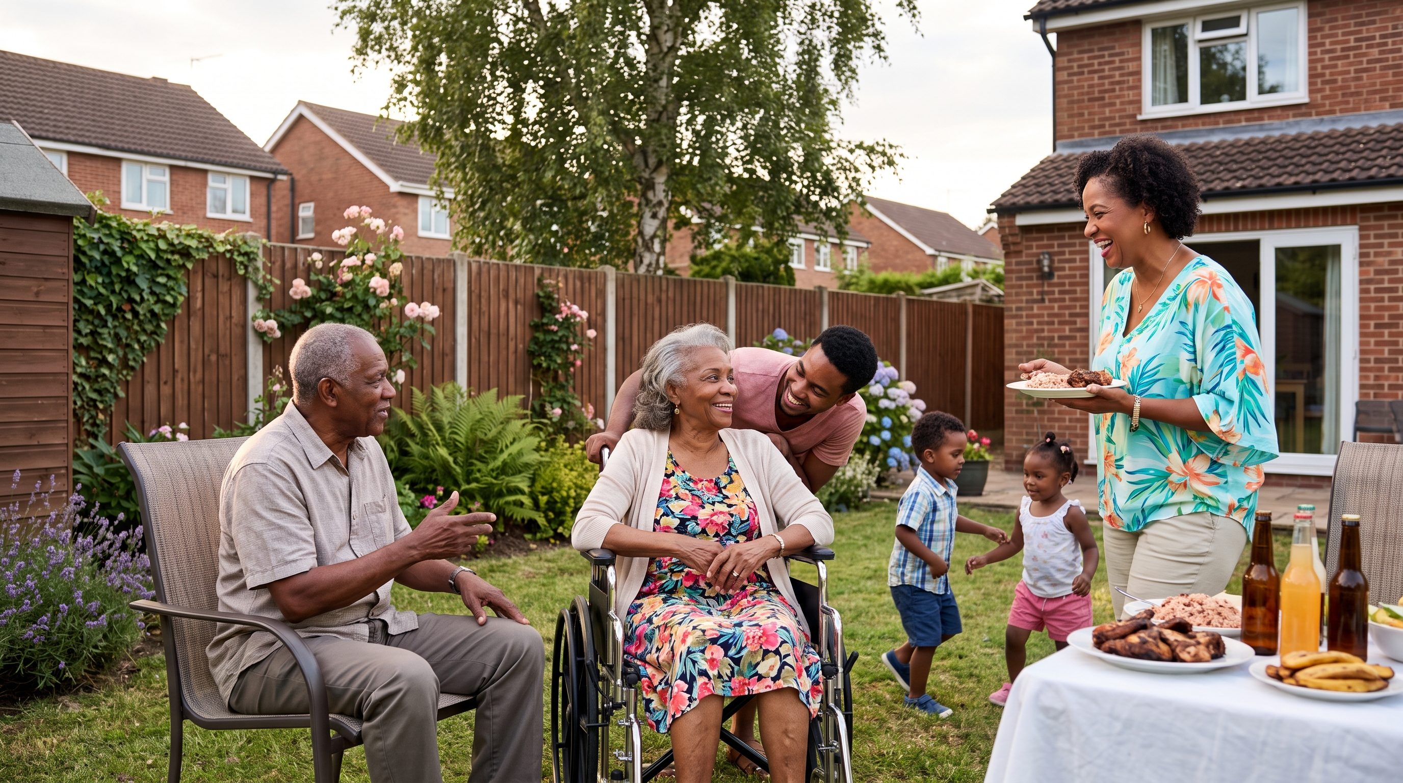 A family gathering in a garden showing community support